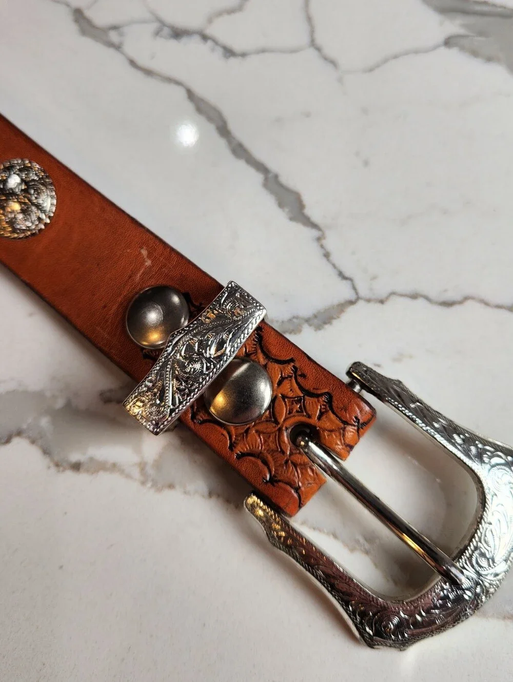 Vintage Size 40 Cuadra Tooled Tan Leather Western Concho Belt